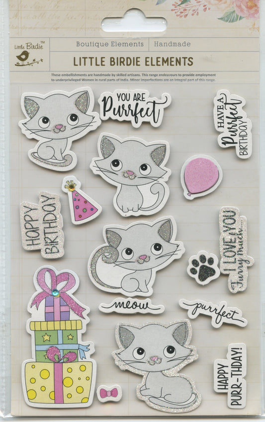 Little Birdie Handmade Embellishments - Purrfect Birthday Cat - 16pk
