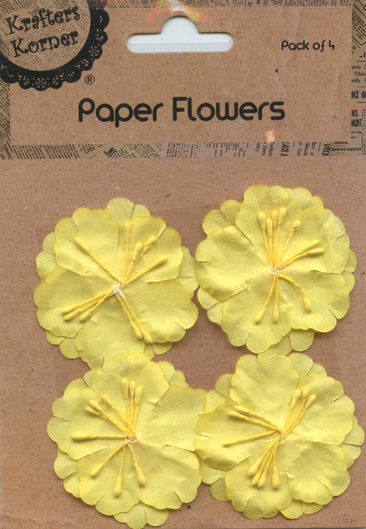 Paper Flowers - Yellow with yellow stamens centre - 4 Pk
