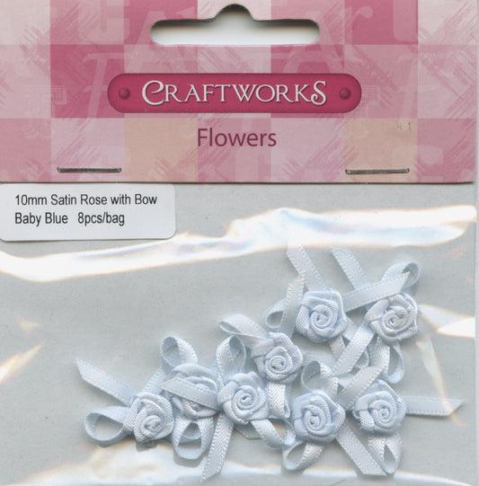 Satin Bow with Rose 10mm - Baby Blue - 8 pack