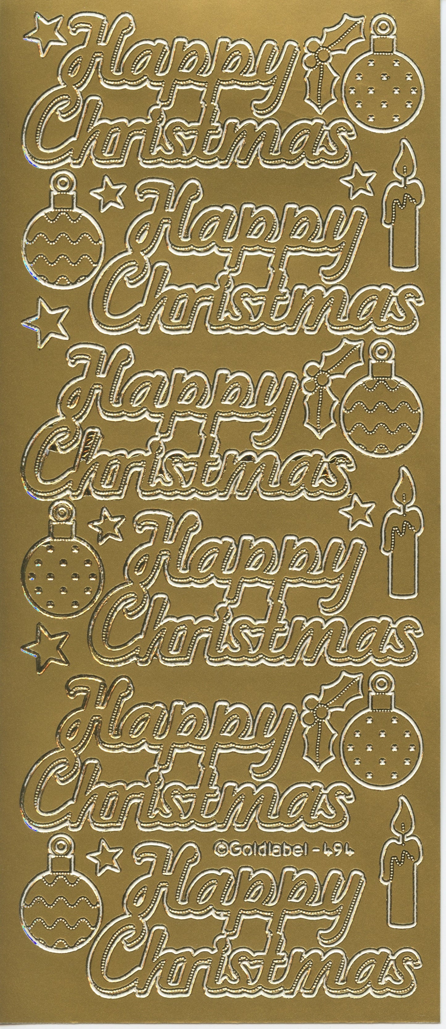 Happy Christmas Stickers with Baubles/Candles - Gold - 1 Sheet