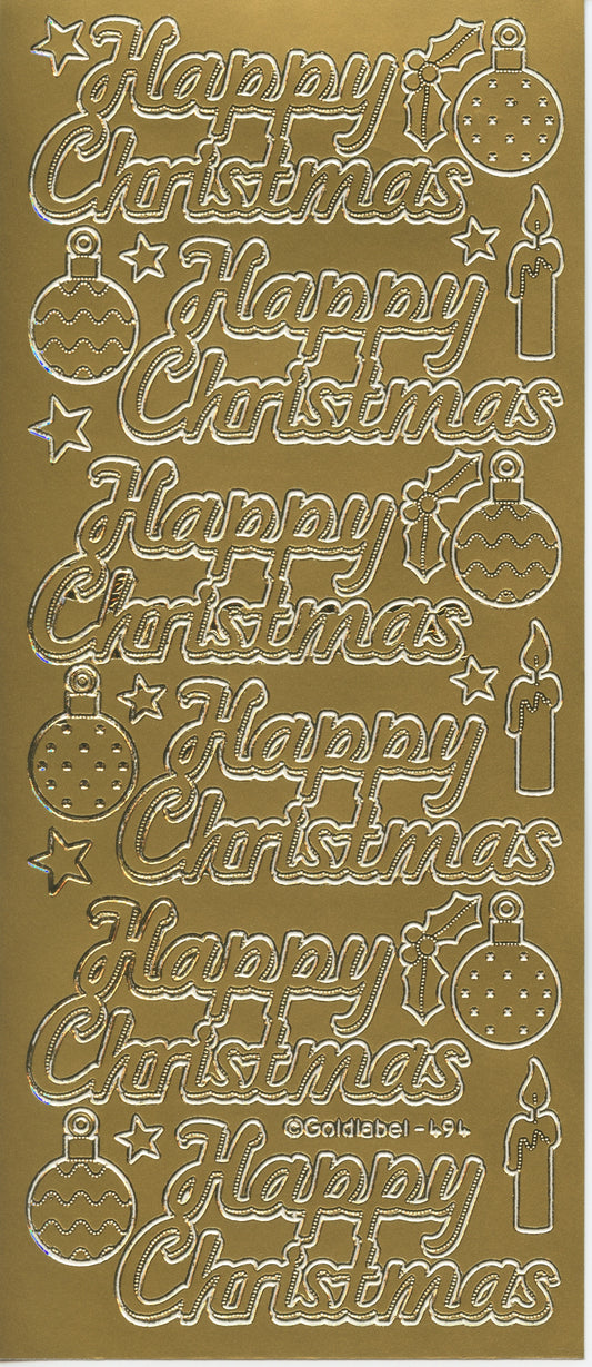 Happy Christmas Stickers with Baubles/Candles - Gold - 1 Sheet