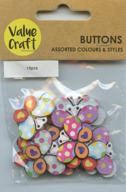 Buttons - Butterflies - Assorted Colours - 18 pk