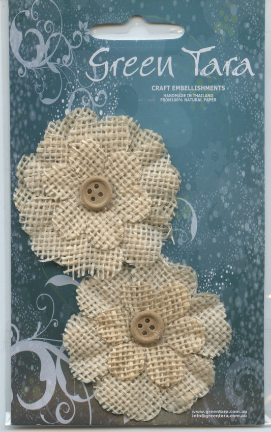 Burlap Flower (5.5cm) with button - 2 pc - Natural