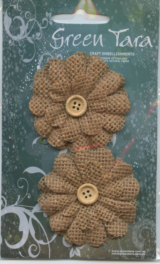 Burlap Flower (5.5cm) with button - 2 pc - Brown