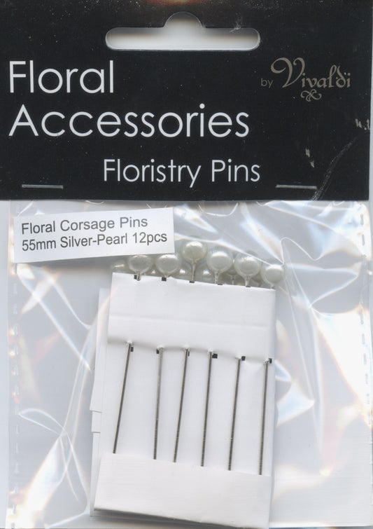 Floristry Pins - Floral Corsage Pins - Silver/Pearl - 55mm - 12pk