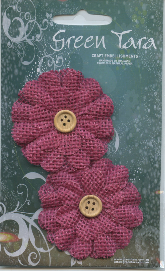 Burlap Flower (5.5cm) with button - 2 pc - Raspberry