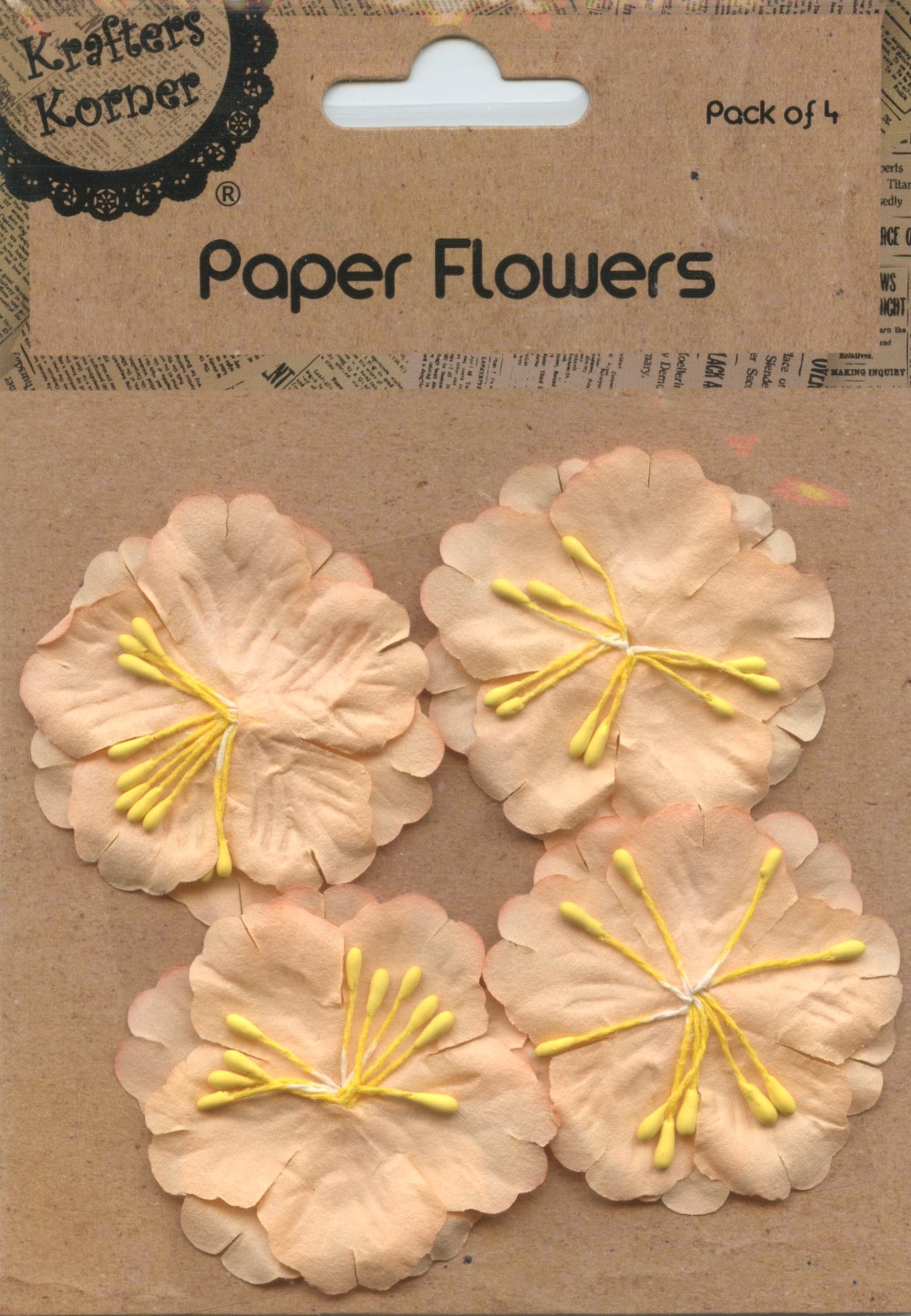 Paper Flowers - Apricot with yellow stamens centre - 4 Pk
