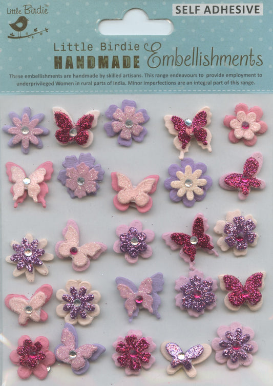 Little Birdie Handmade Embellishments - Adhesive - Butterflies & Flowers - 25pc