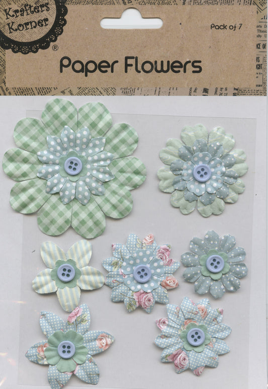 Paper Flowers  - Green/Blue Patterned Designs - Pack of 7