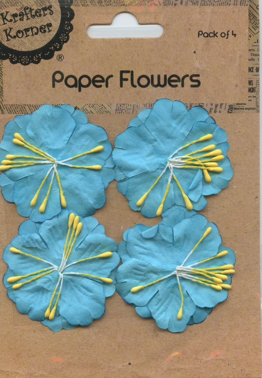 Paper Flowers - Aqua Blue with yellow stamens centre - 4 Pk