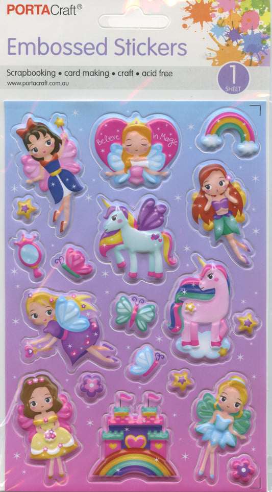 Embossed Puffy Stickers -  Fairies/unicorns/castle - 19 pcs
