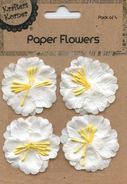 Paper Flowers - White with yellow stamens centre  - 4 Pk