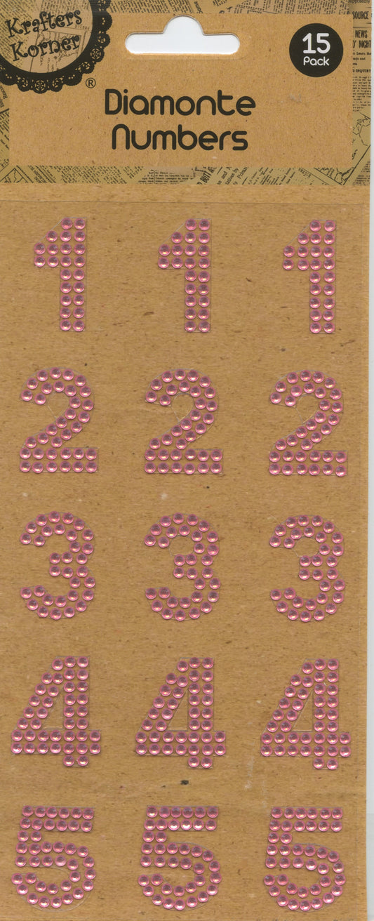 Diamanté Numbers 1-5 - Stickers - Pink - 15 pk