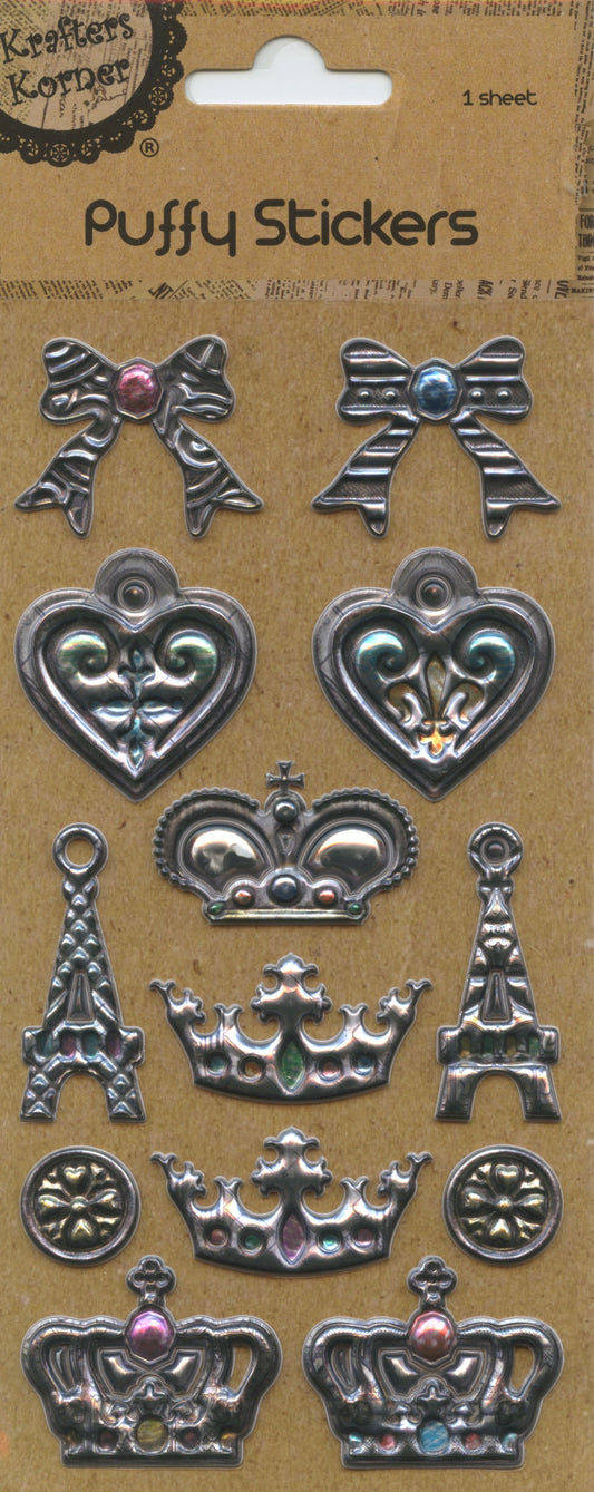 Craft Puffy Stickers - Crowns/Hearts/Bows - Pack of 13