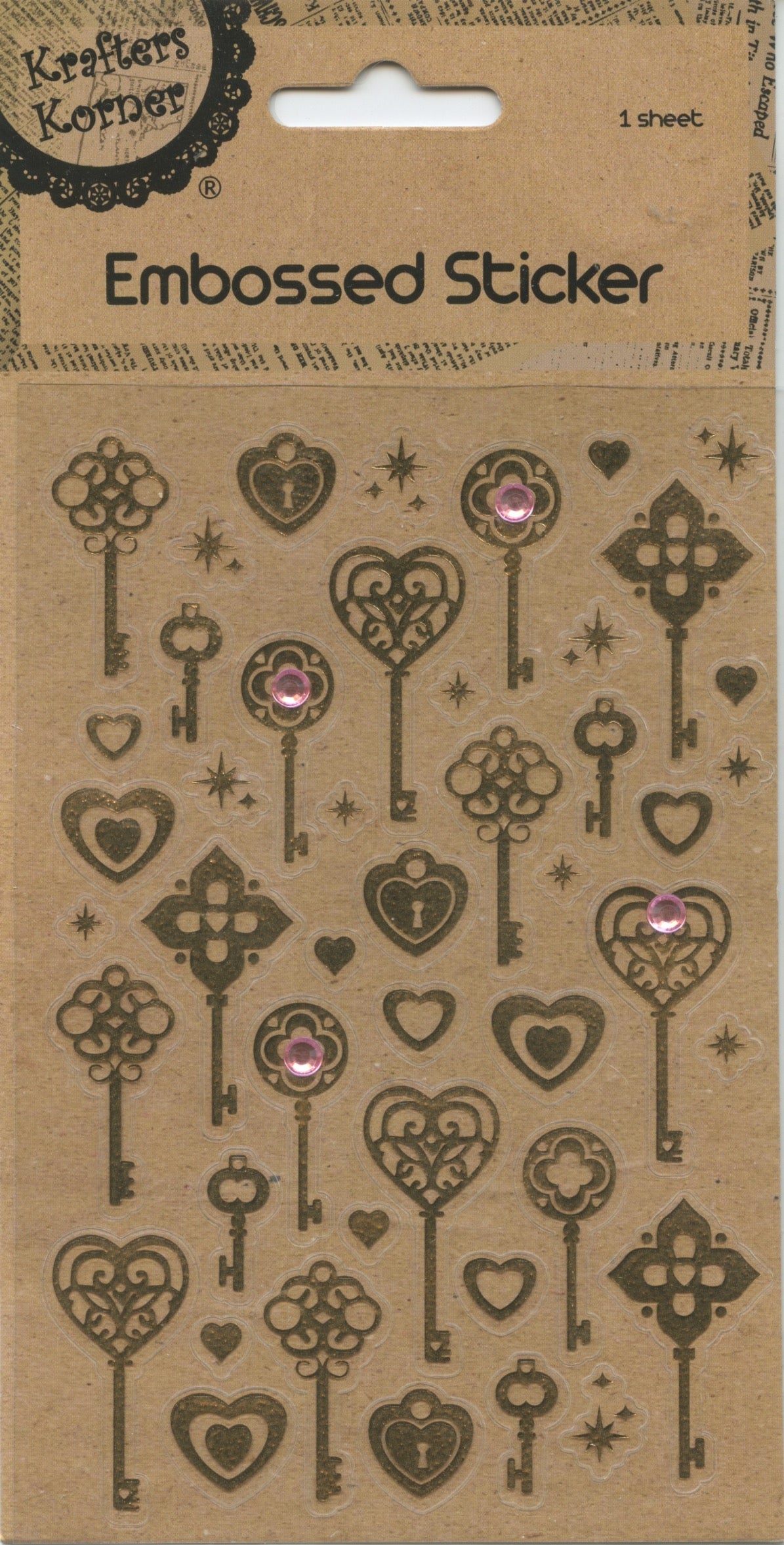 Embossed Sticker - Gold Keys, Hearts and Star - 44 pc