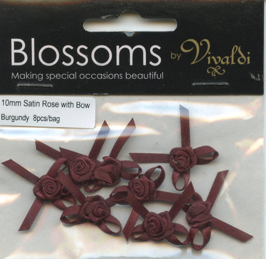 Satin Bow with Rose 10mm - Burgundy - 8 pack