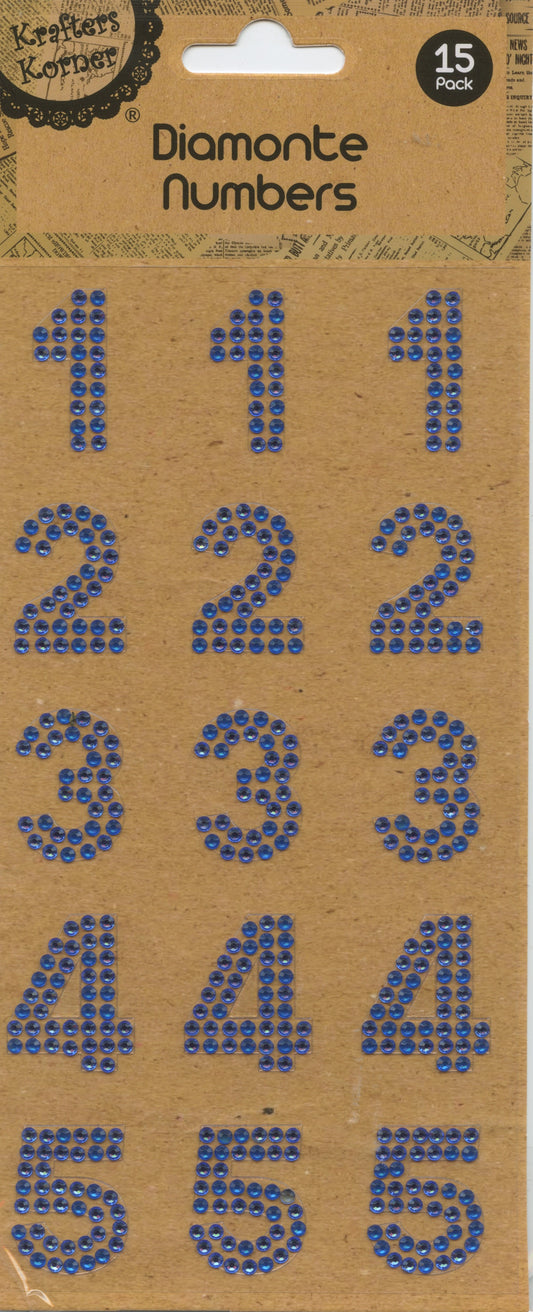 Diamanté Numbers 1-5 - Stickers - Blue - 15 pk