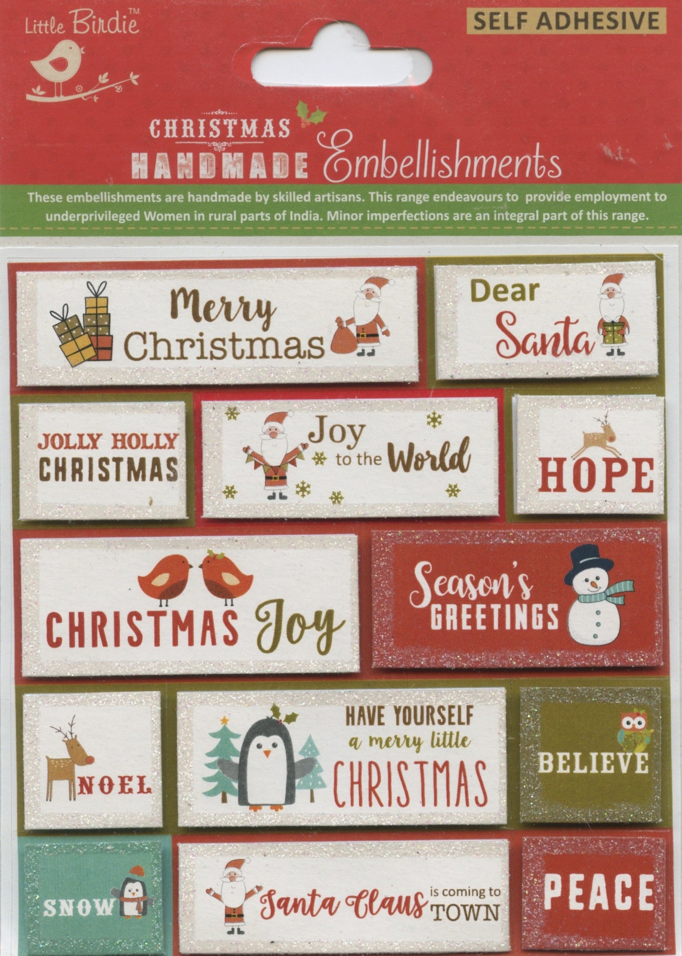 Little Birdie Christmas Handmade Embellishments Self Adhesive 3D Christmas Wording