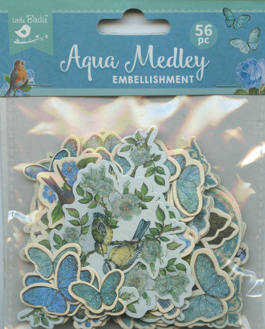 Little Birdie- Ephemera Aqua Emb. - Birds/Butterflies/Flowers - 56pc