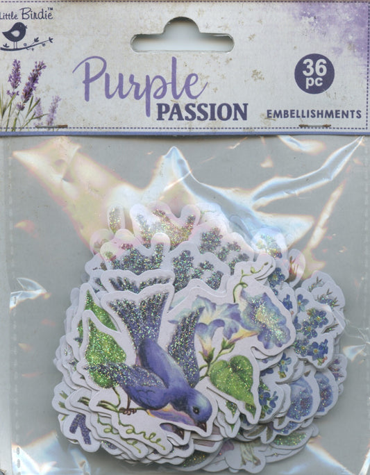 Little Birdie- Ephemera Purple Passion Embellishments - Birds & flowers - 36pc