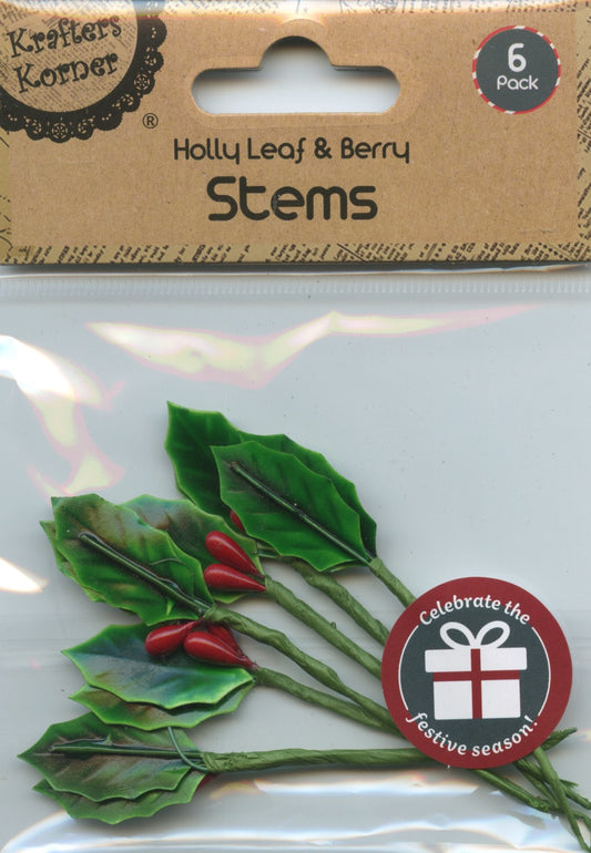 Christmas Holly Leaf and Berry Stems - 6 pk