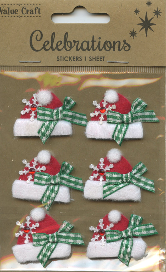 Celebrations Santa Hats with Snowflake and Bow Self Adhesive 6pk