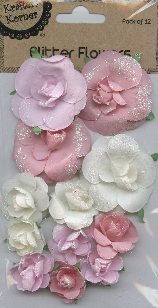 Glitter Paper Flowers - Pink and Cream - Pk 12