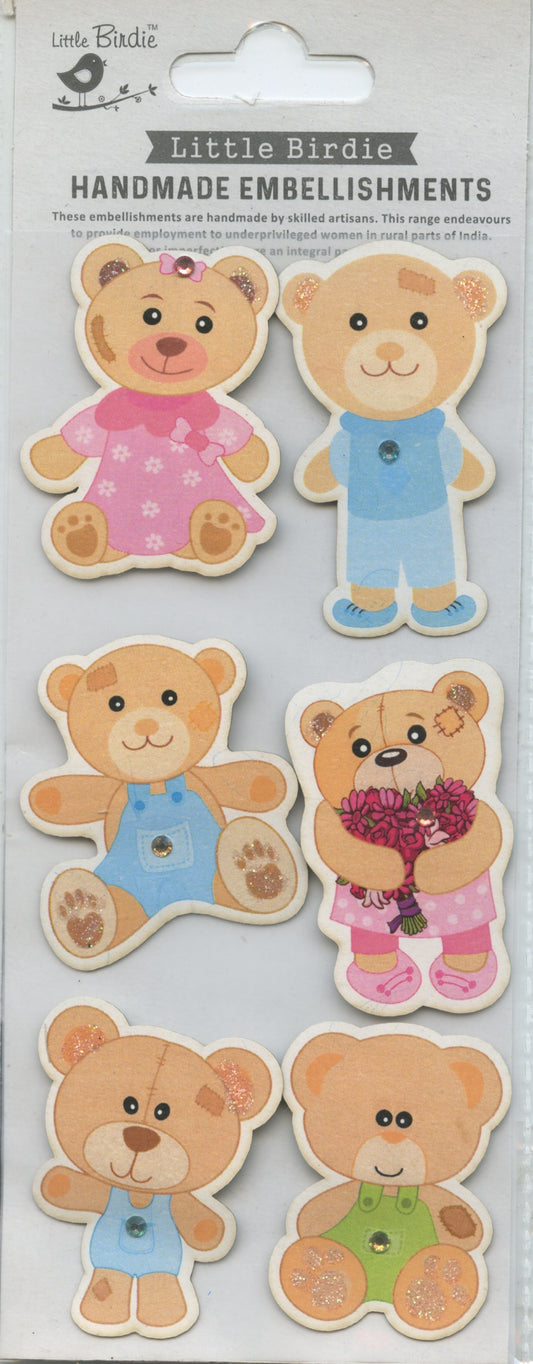 Little Birdie Handmade Embellishments Teddy Bears 6 pc