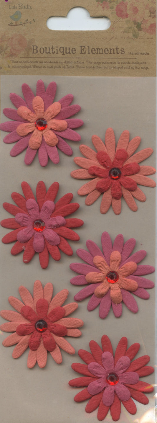 Little Birdie Handmade Embellishments 3D Jewelled Layered Daisies Self Adhesive Cherry Red 6pc