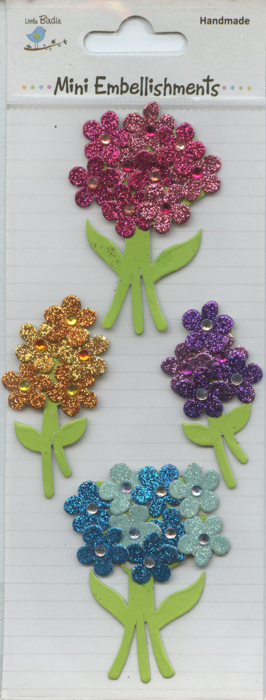 Little Birdie Handmade Embellishments Self Adhesive Glitter Flower Bunches 4 pc