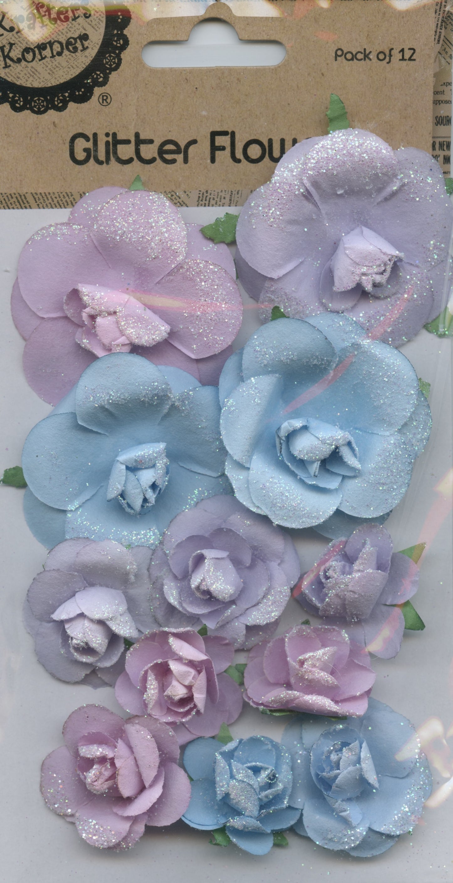 Glitter Paper Flowers - Mauve and Blue - 12pk