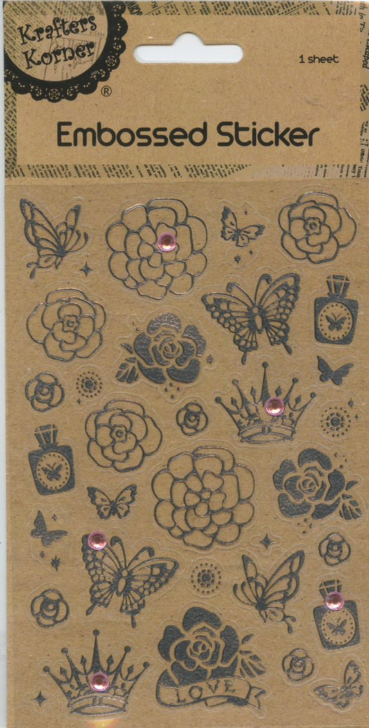 Embossed Sticker - Silver Flowers and Butterflies - 32 pc