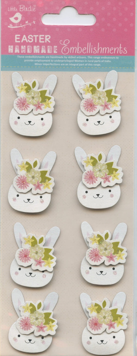 Little Birdie Handmade Easter Embellishments Self Adhesive 3D Spring Bunny 8 pc