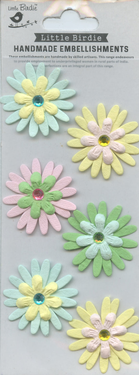 Little Birdie Handmade Embellishments 3D Jewelled Layered Daisies Self Adhesive Pastel 6pc