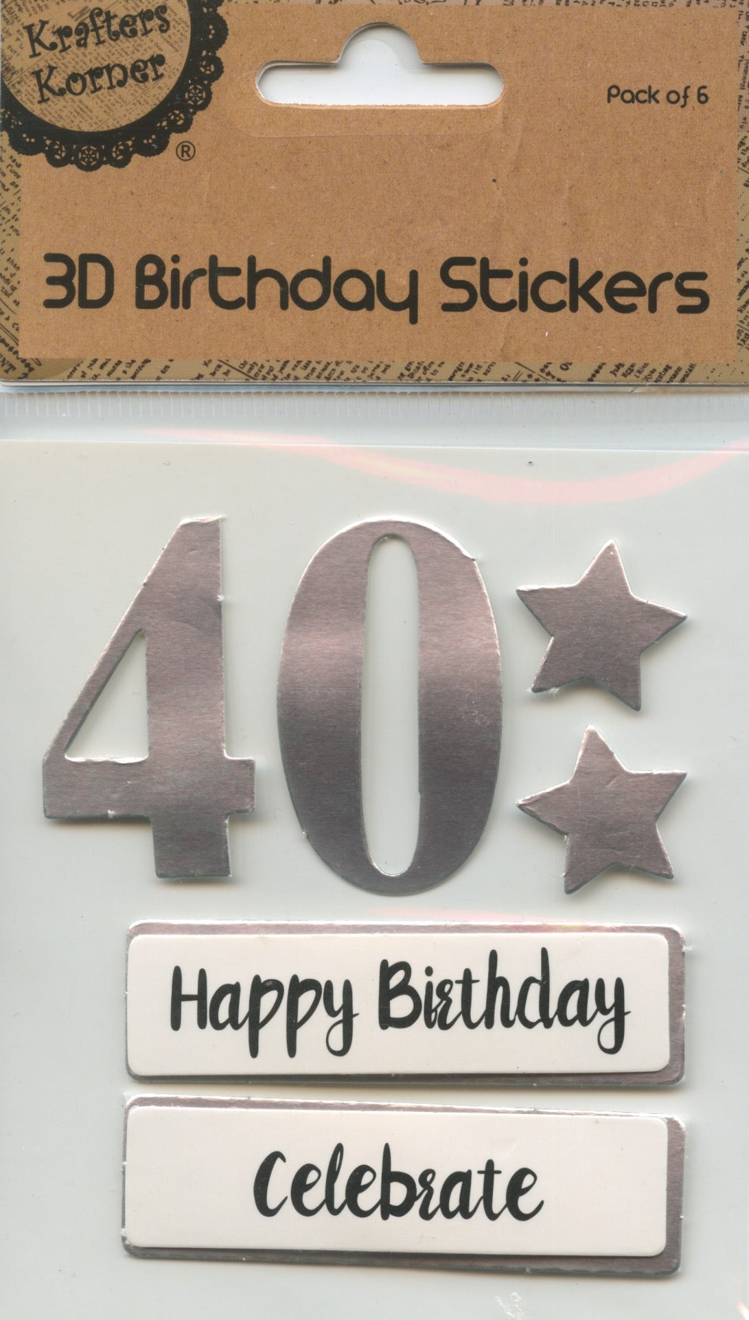 40th - 3D Birthday Stickers - Silver with Stars and Wording