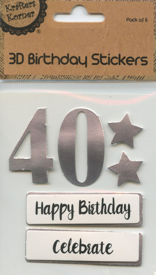 40th - 3D Birthday Stickers - Silver with Stars and Wording