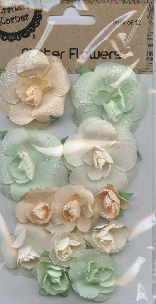Glitter Paper Flowers - Apricot and Green - 12pk