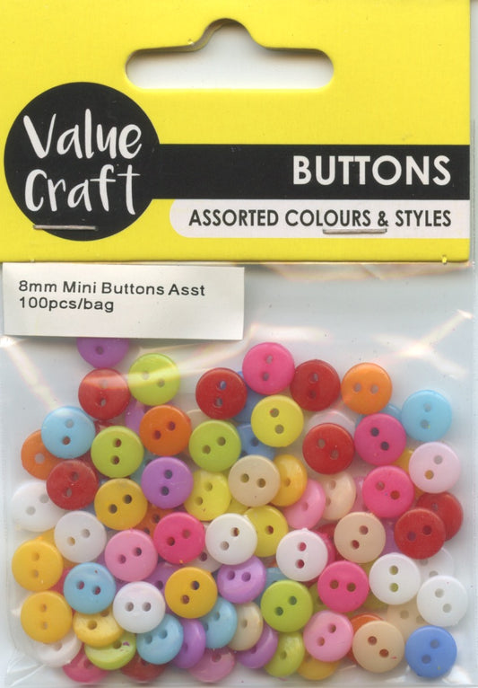 Mini Buttons - Assorted Colours - 8mm - 100 pieces