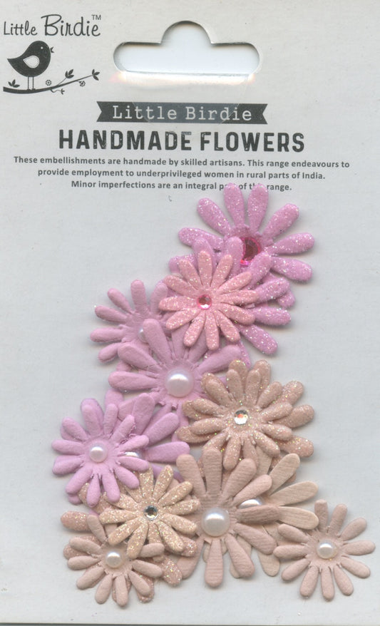 Little Birdie Handmade Flower Embellishments Jewelled Pearl Daisies Raspberry Ice 15pc