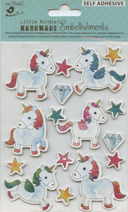 Little Birdie Embellishments Self/Adh - Unicorns/Stars/Gems - 16pc