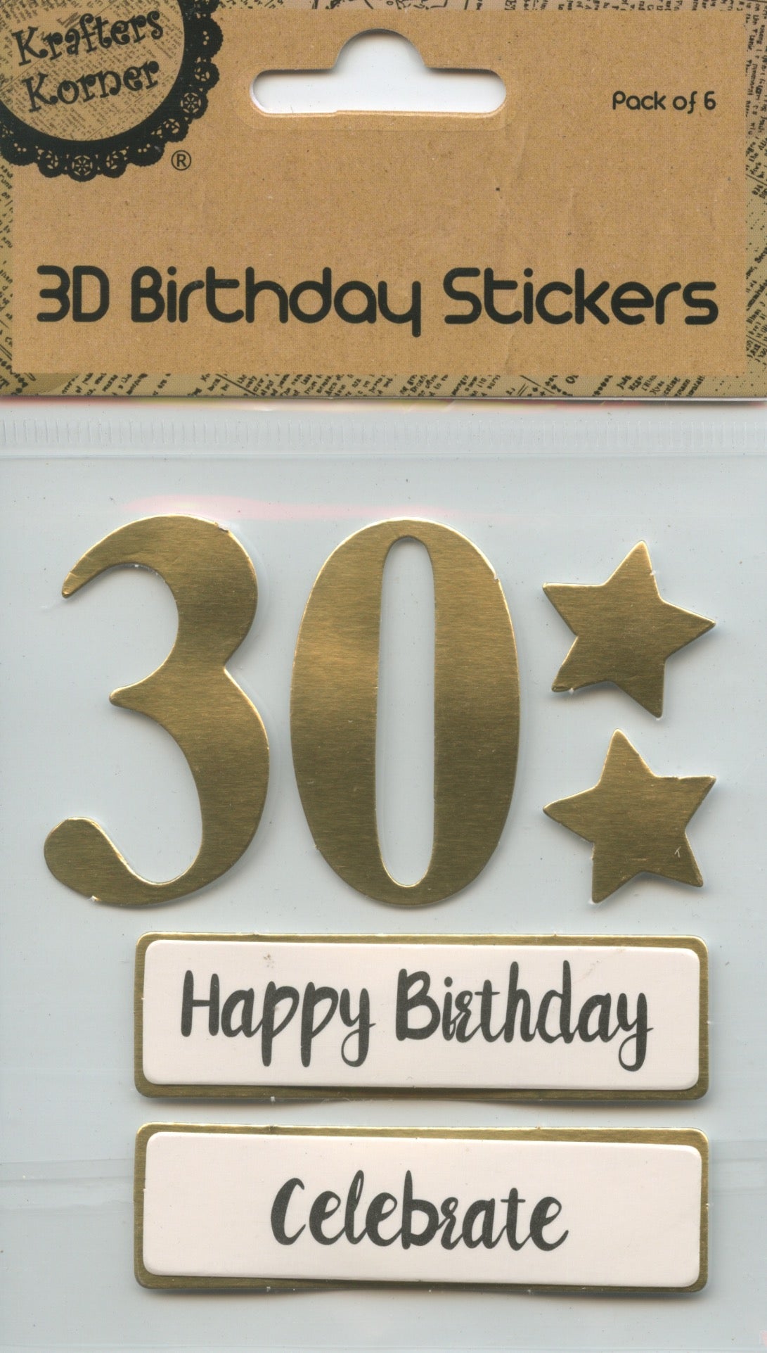 30th - 3D Birthday Stickers - Gold with Stars and Wording