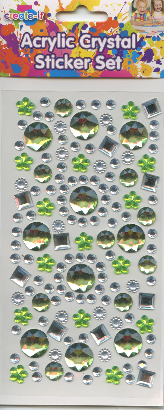Rhinestones Acrylic Crystals - Green/Silver - Circles/Flowers/Squares - 1 sheet