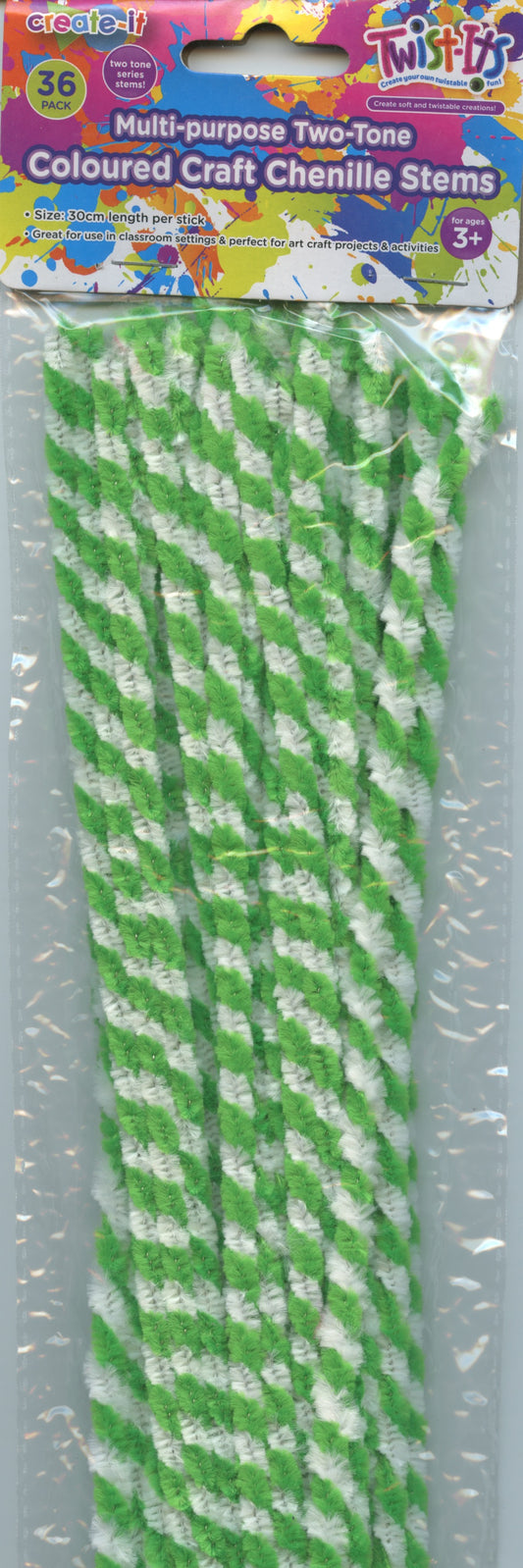 Two-tone striped Chenille Stems - Green and White - 36pk