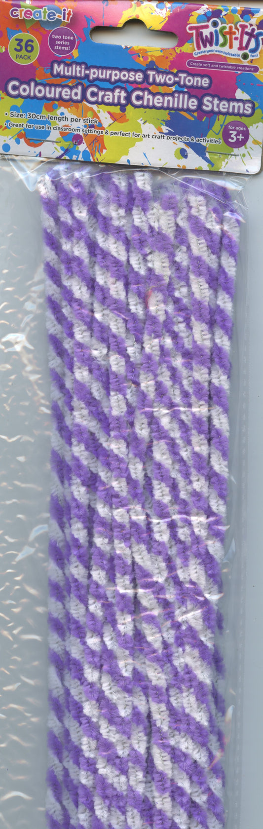Two-tone striped Chenille Stems - Purple and White - 36pk