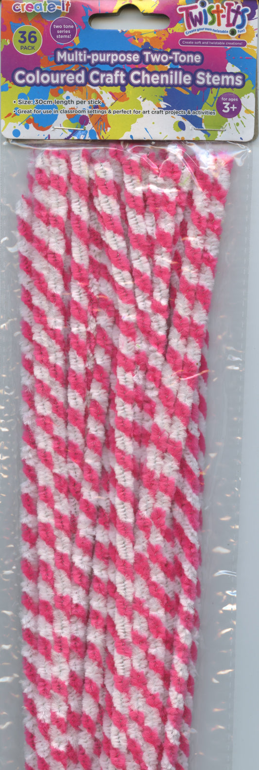 Two-tone striped Chenille Stems - Pink and White - 36pk