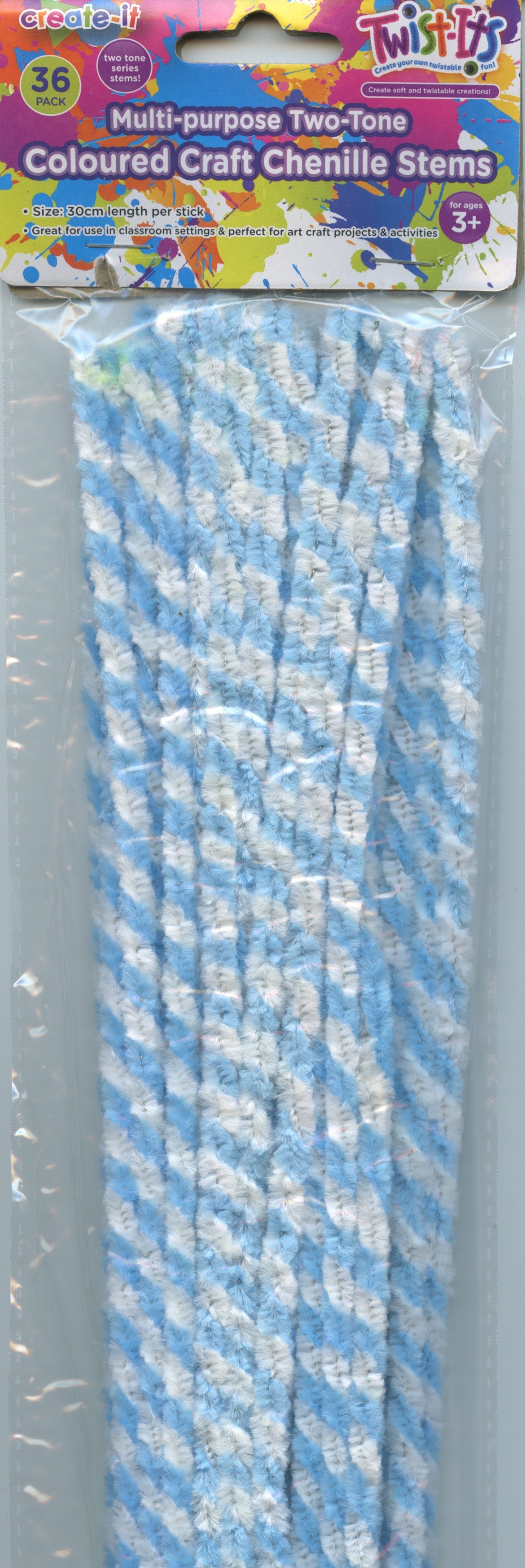 Two-tone striped Chenille Stems - Blue and White - 36pk