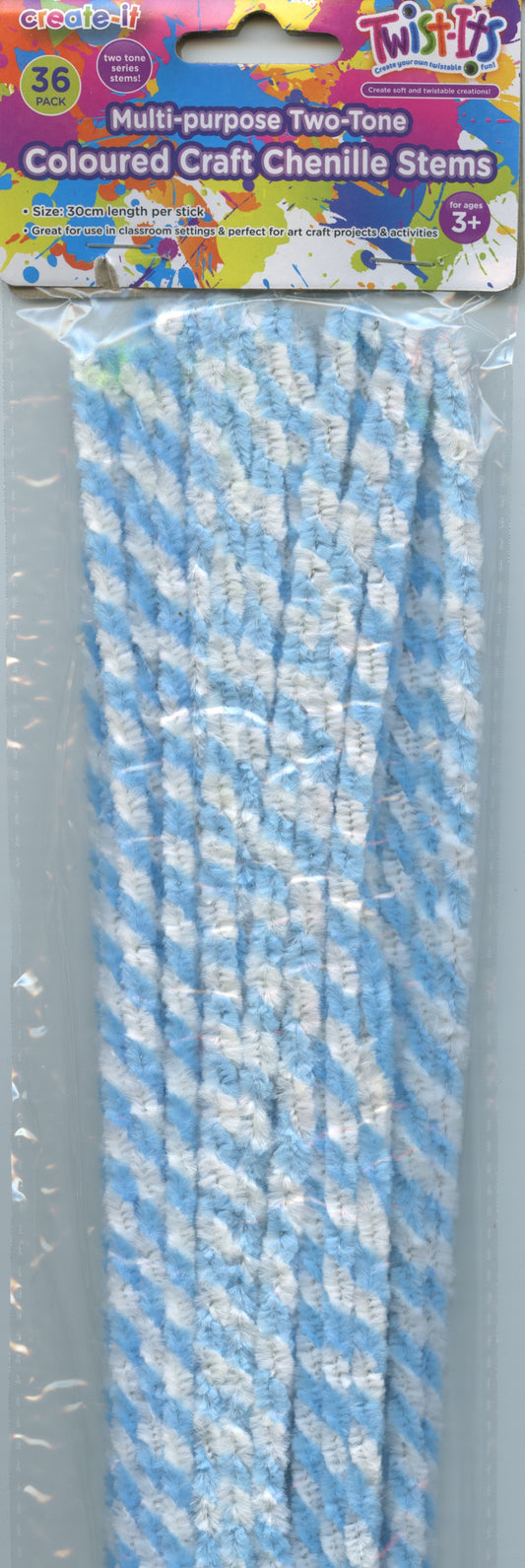 Two-tone striped Chenille Stems - Blue and White - 36pk