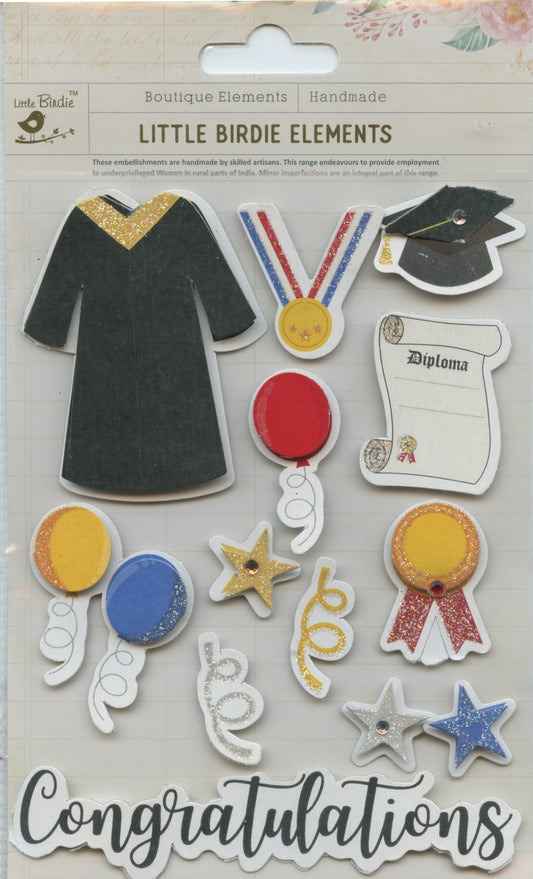 Little Birdie Handmade Embellishments Self/Adh - Happy Graduation - 13pc