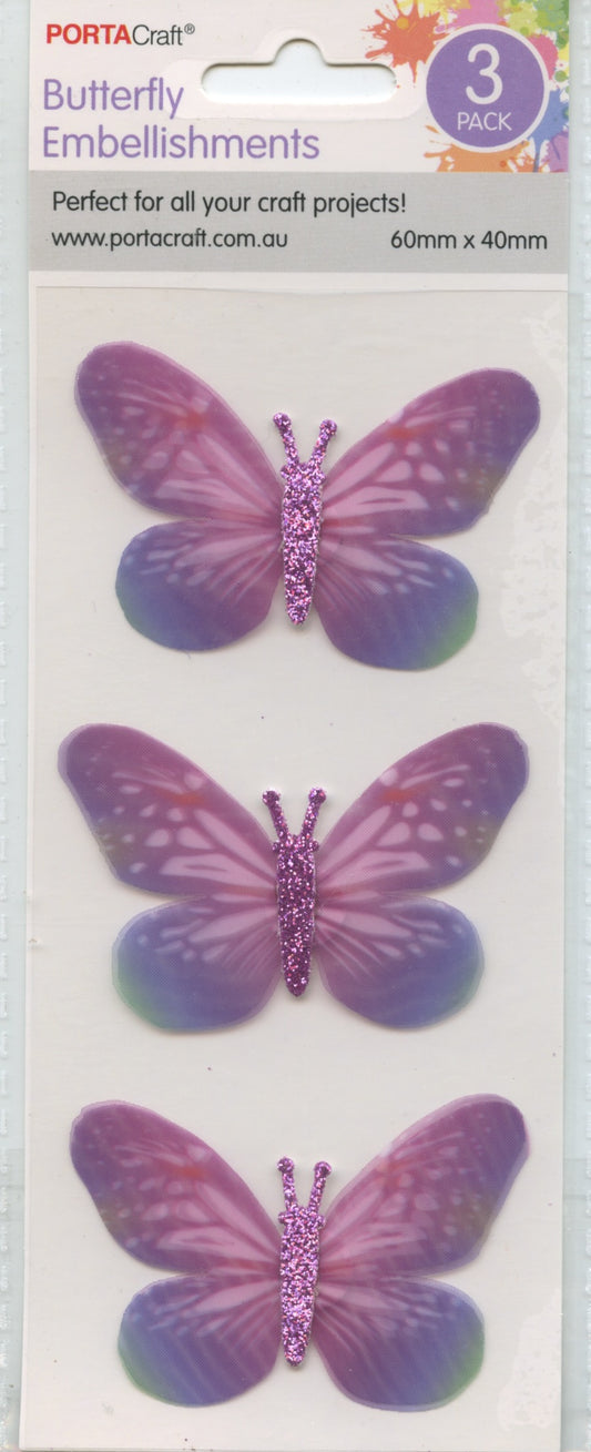 Butterfly Embellishments - Self Adhesive - Pink/Mauve Tone - 3 pack