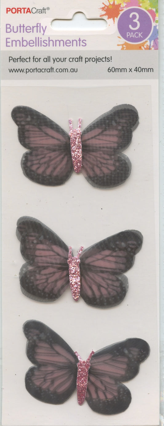 Butterfly Embellishments - Self Adhesive - Black/Pink - 3 pack